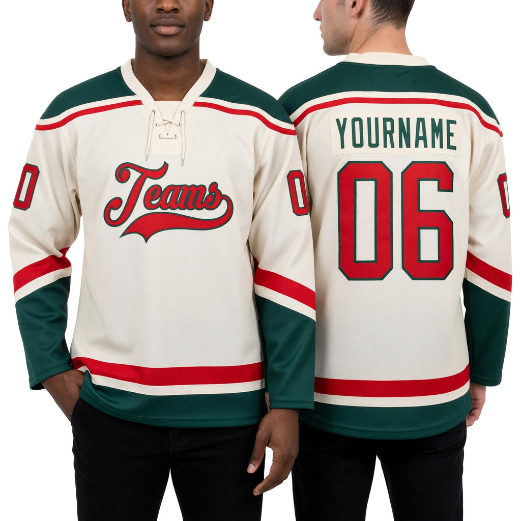 Custom Cream Red-Green Hockey Lace Neck Jersey worn front and back