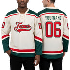 Custom Cream Red-Green Hockey Lace Neck Jersey worn front and back