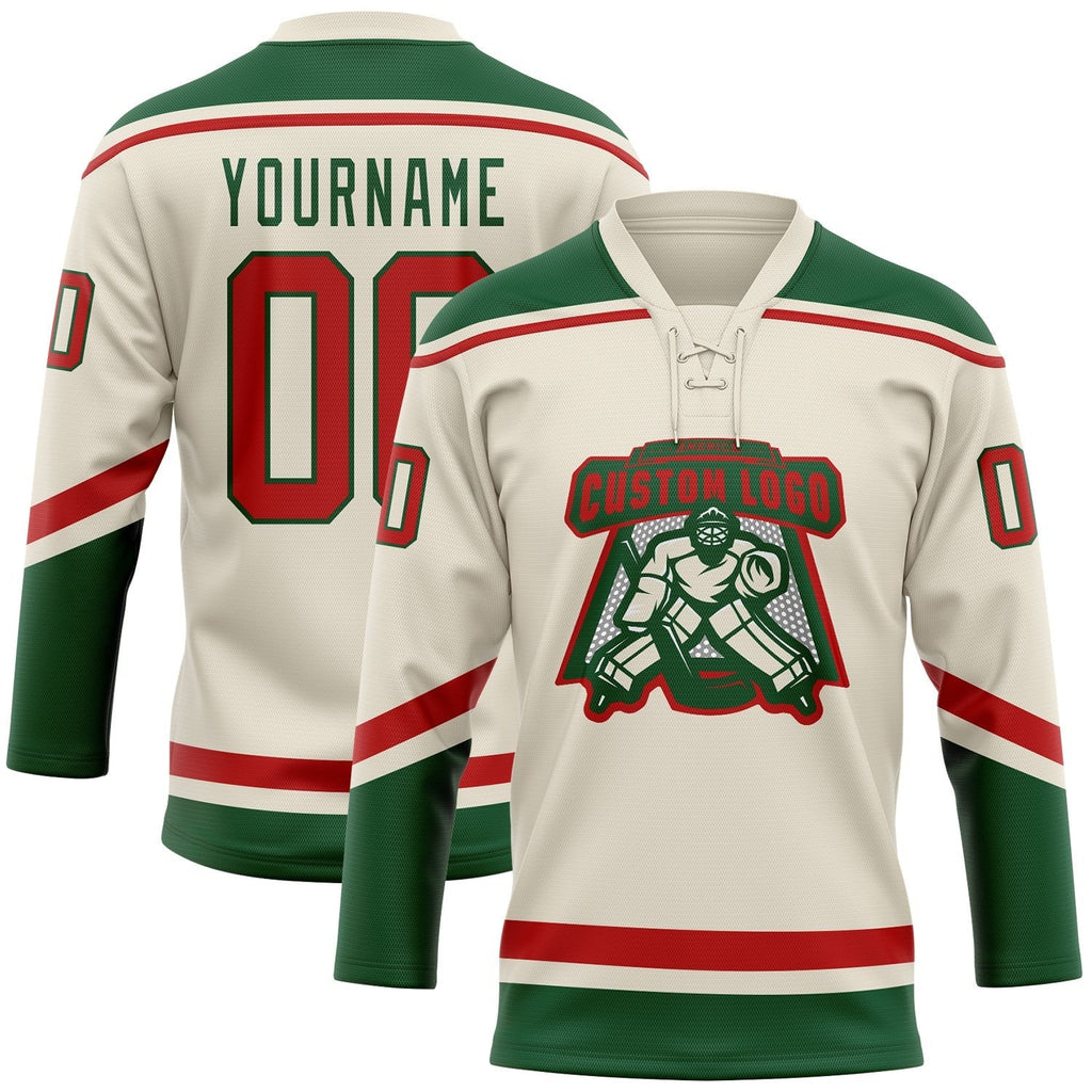 Custom Cream Red-Green Hockey Lace Neck Jersey photo 2
