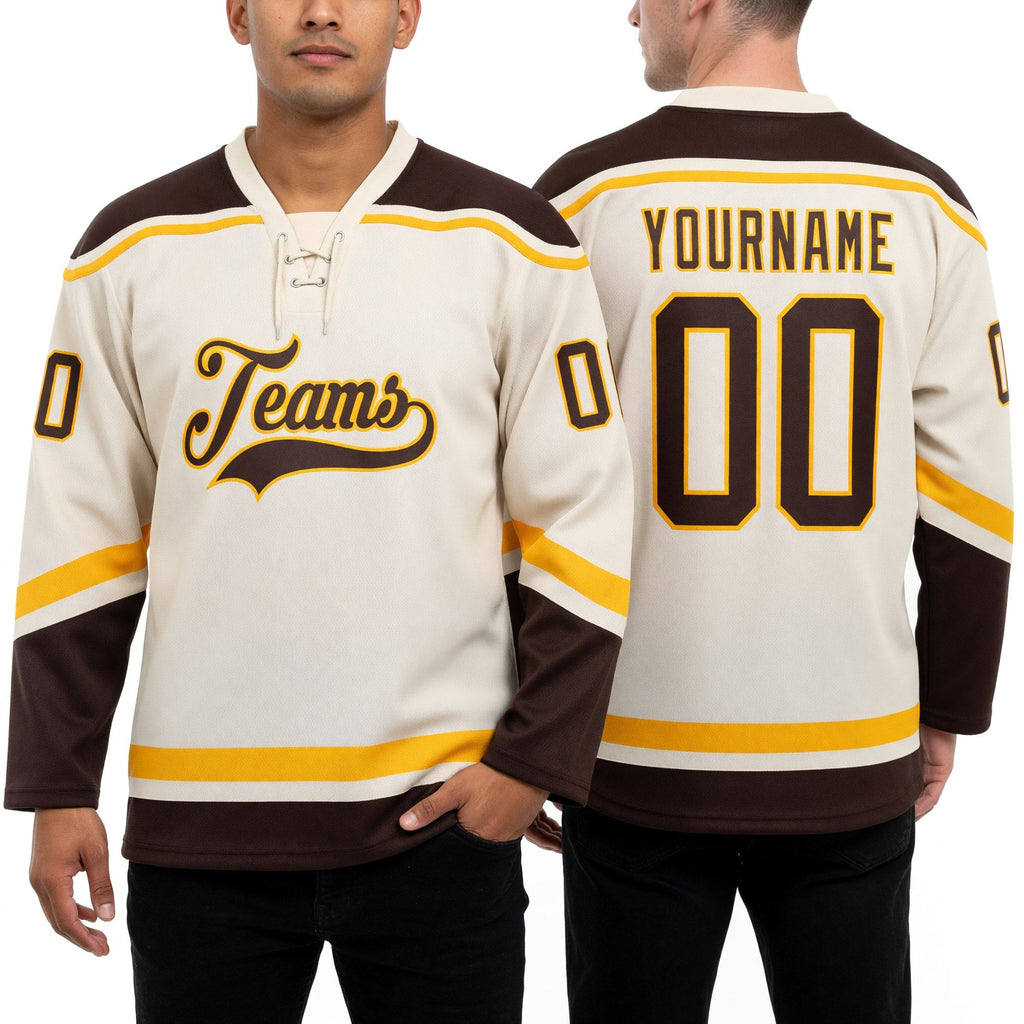 Custom Cream Brown-Gold Hockey Lace Neck Jersey worn front and back