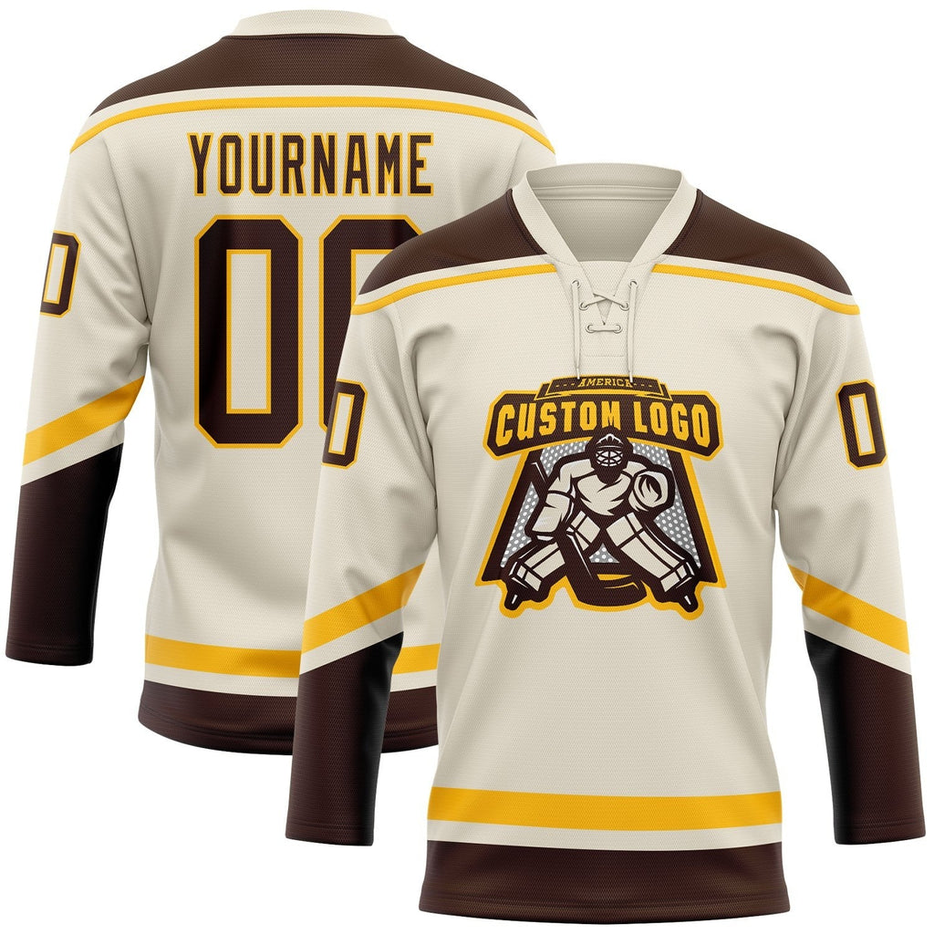 Custom Cream Brown-Gold Hockey Lace Neck Jersey photo 2