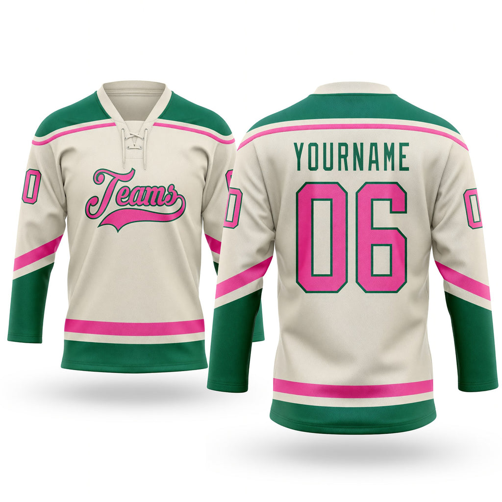 Custom Cream Pink-Kelly Green Hockey Lace Neck Jersey