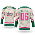 Custom Cream Pink-Kelly Green Hockey Lace Neck Jersey