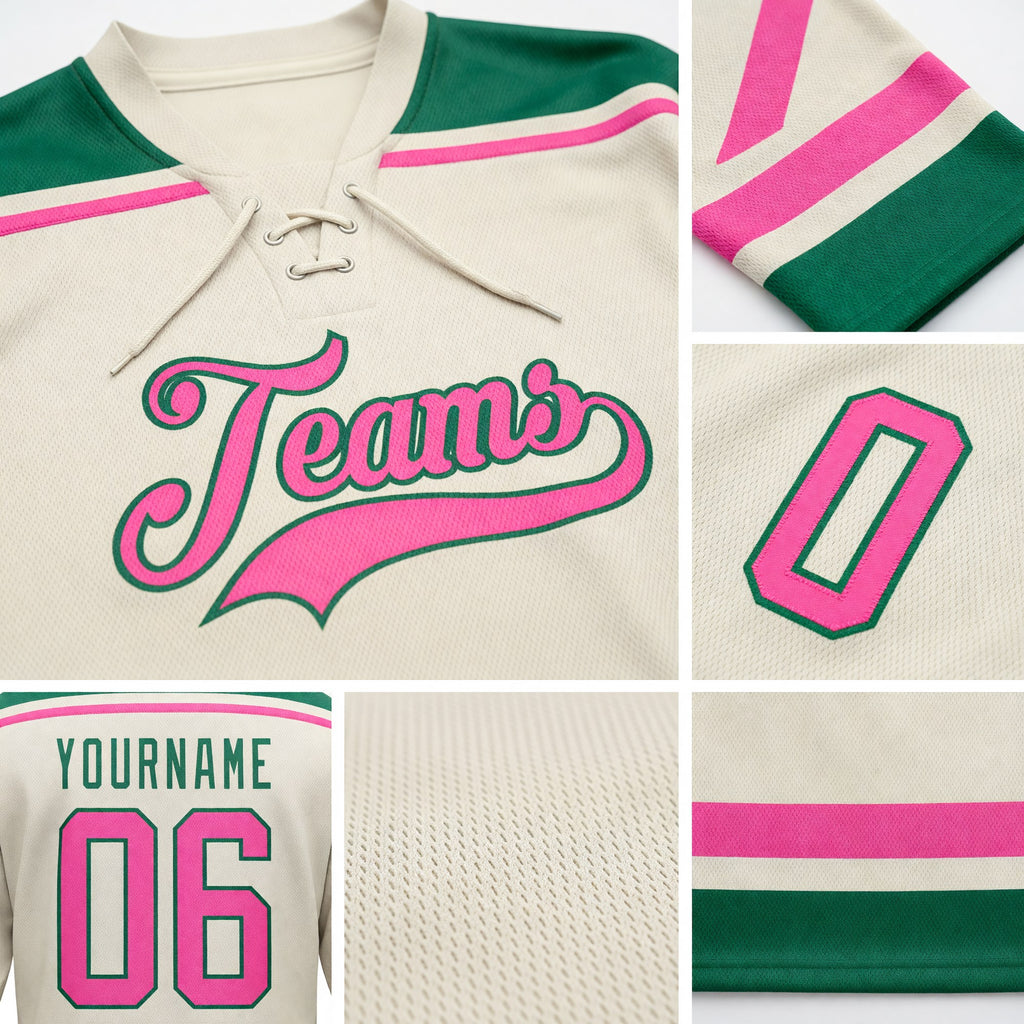 Custom Cream Pink-Kelly Green Hockey Lace Neck Jersey detail
