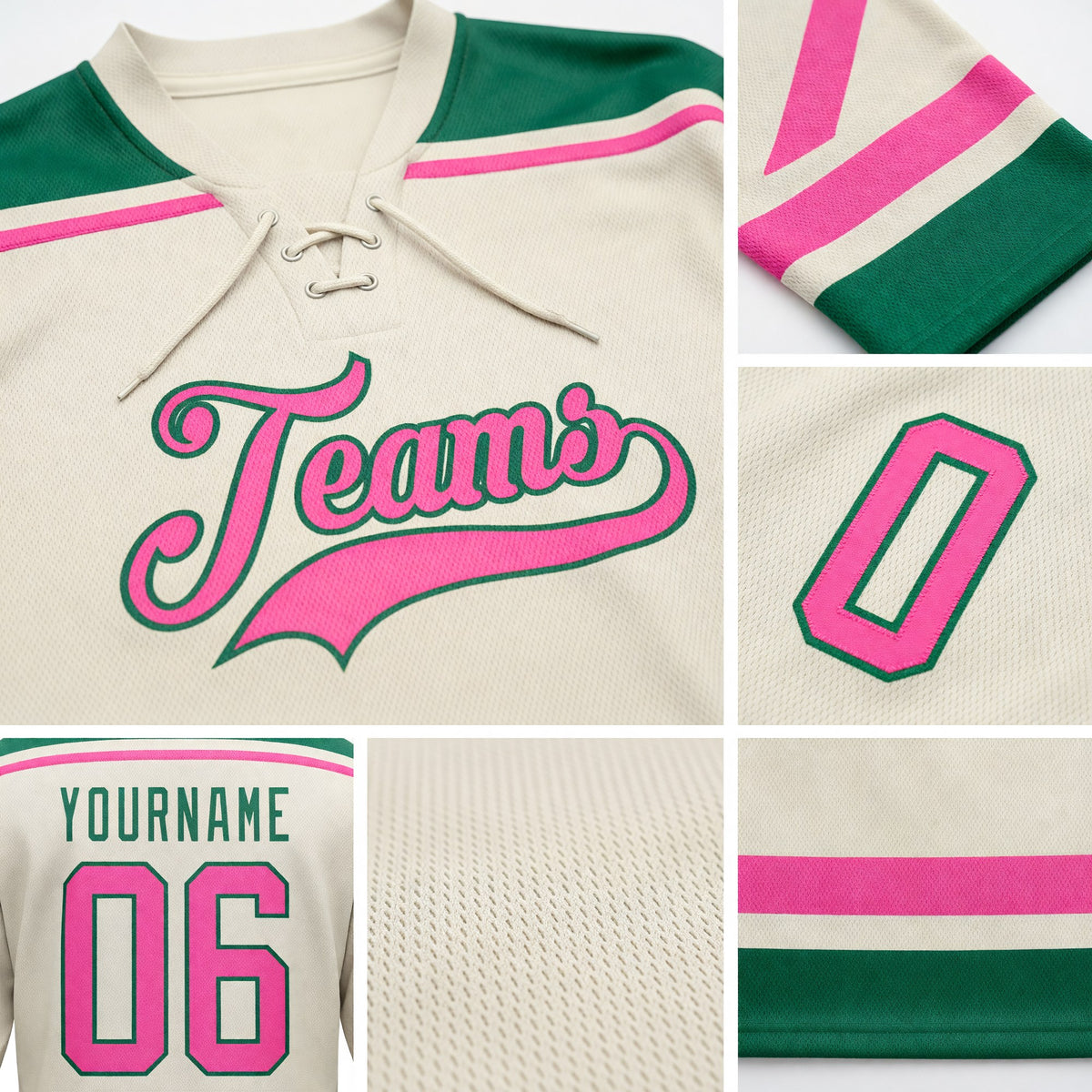 Custom Cream Pink-Kelly Green Hockey Lace Neck Jersey detail