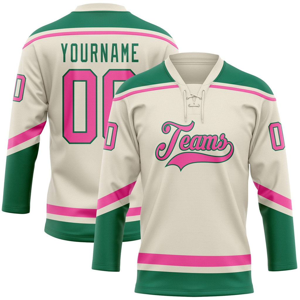 Custom Cream Pink-Kelly Green Hockey Lace Neck Jersey photo 1