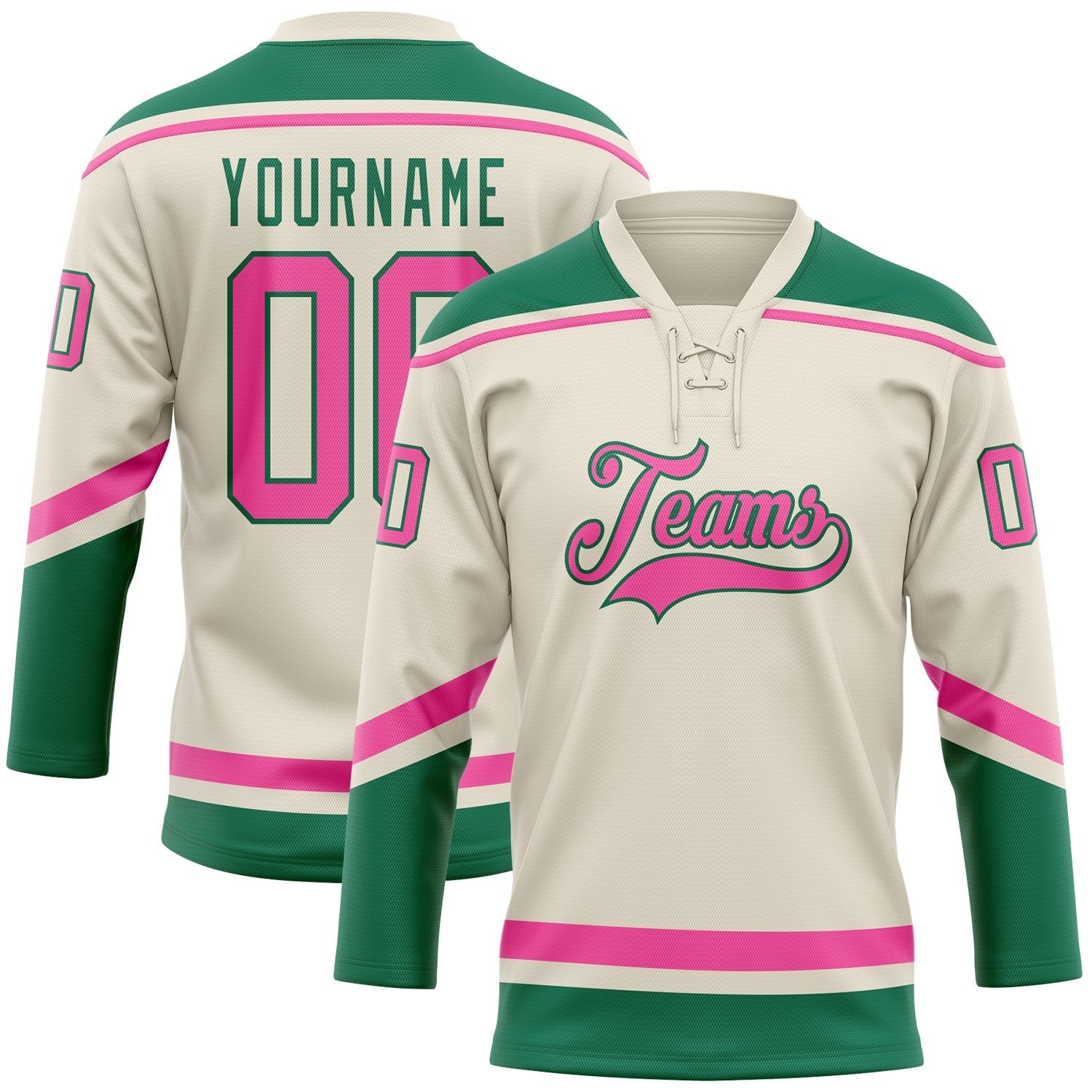 Custom Cream Pink-Kelly Green Hockey Lace Neck Jersey photo 1