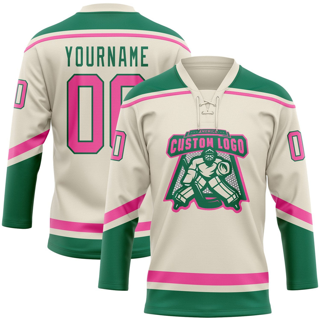Custom Cream Pink-Kelly Green Hockey Lace Neck Jersey photo 2