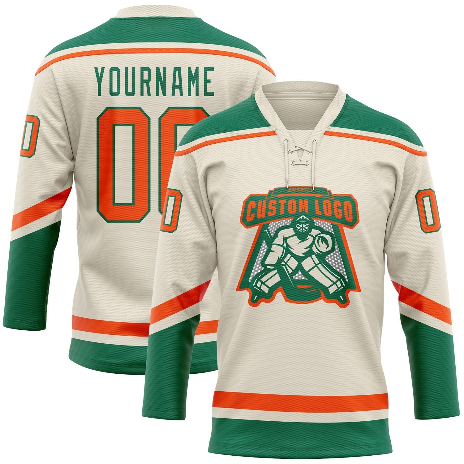 Custom Cream Orange-Kelly Green Hockey Lace Neck Jersey photo 3