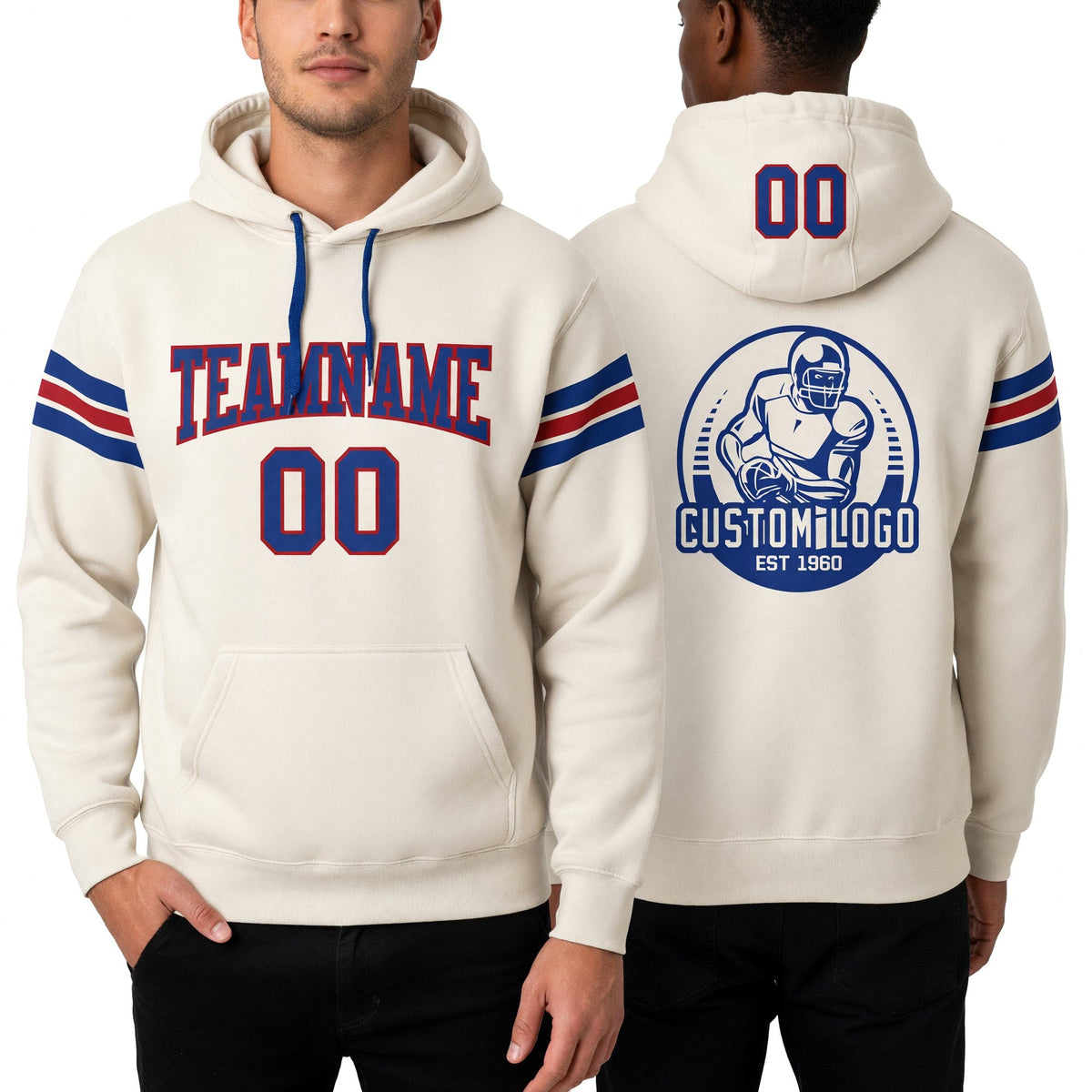 Custom Stitched Cream Royal-Red Football Pullover Sweatshirt Hoodie worn front and back