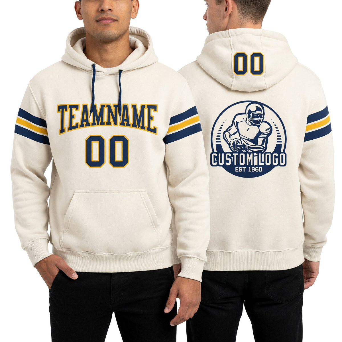 Custom Stitched Cream Navy-Gold Football Pullover Sweatshirt Hoodie worn front and back
