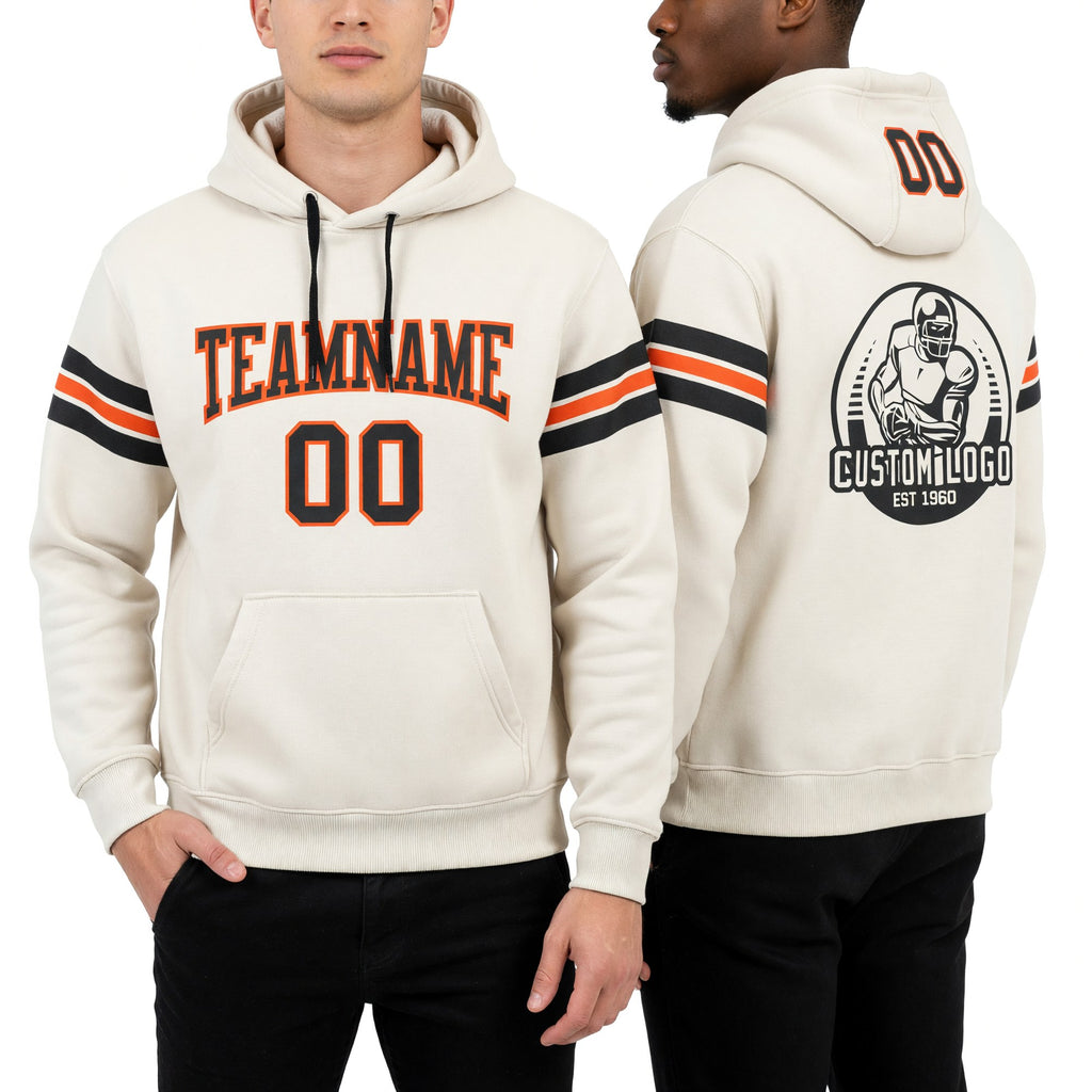 Custom Stitched Cream Black-Orange Football Pullover Sweatshirt Hoodie worn front and back