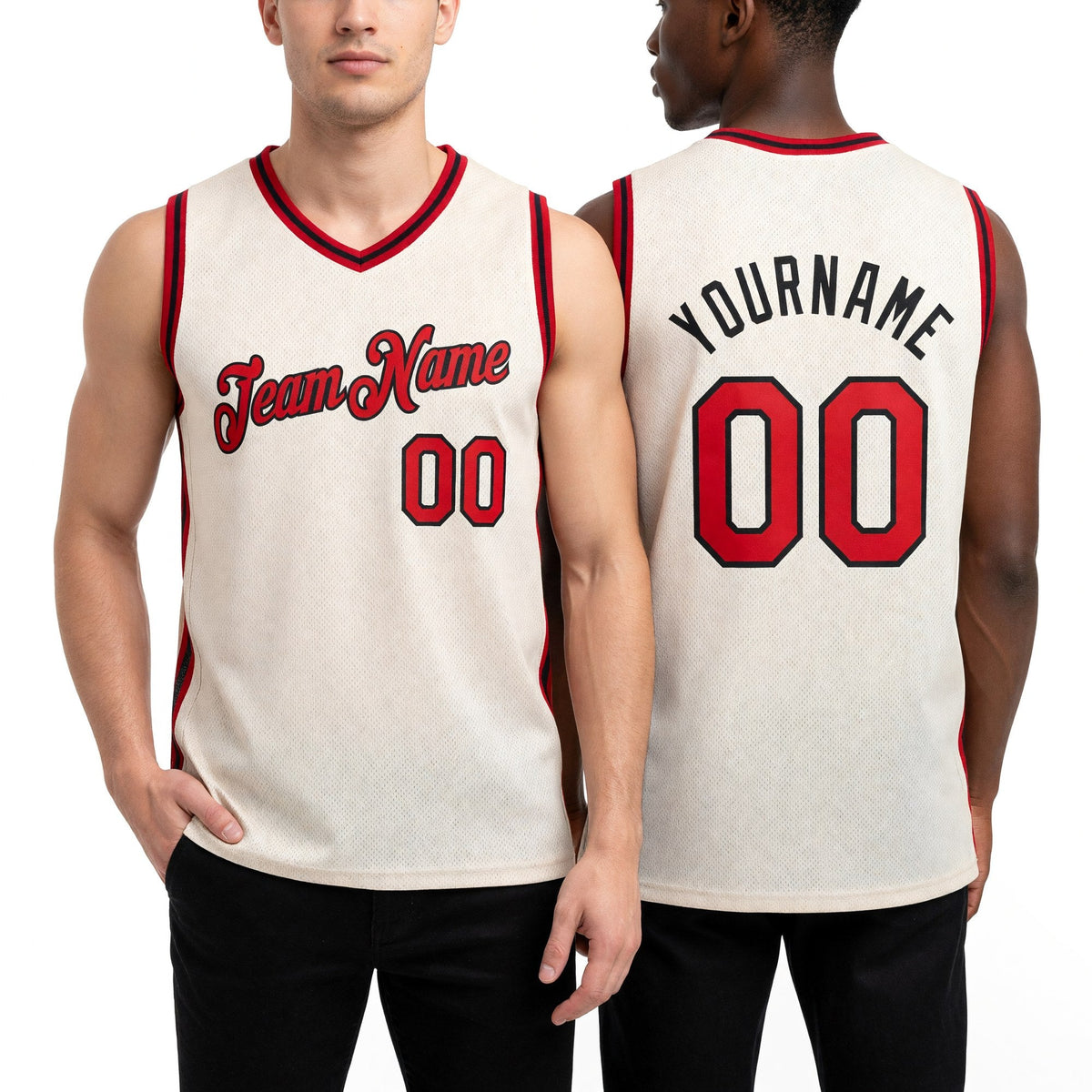 Custom Cream Red-Black Authentic Throwback Basketball Jersey worn front and back