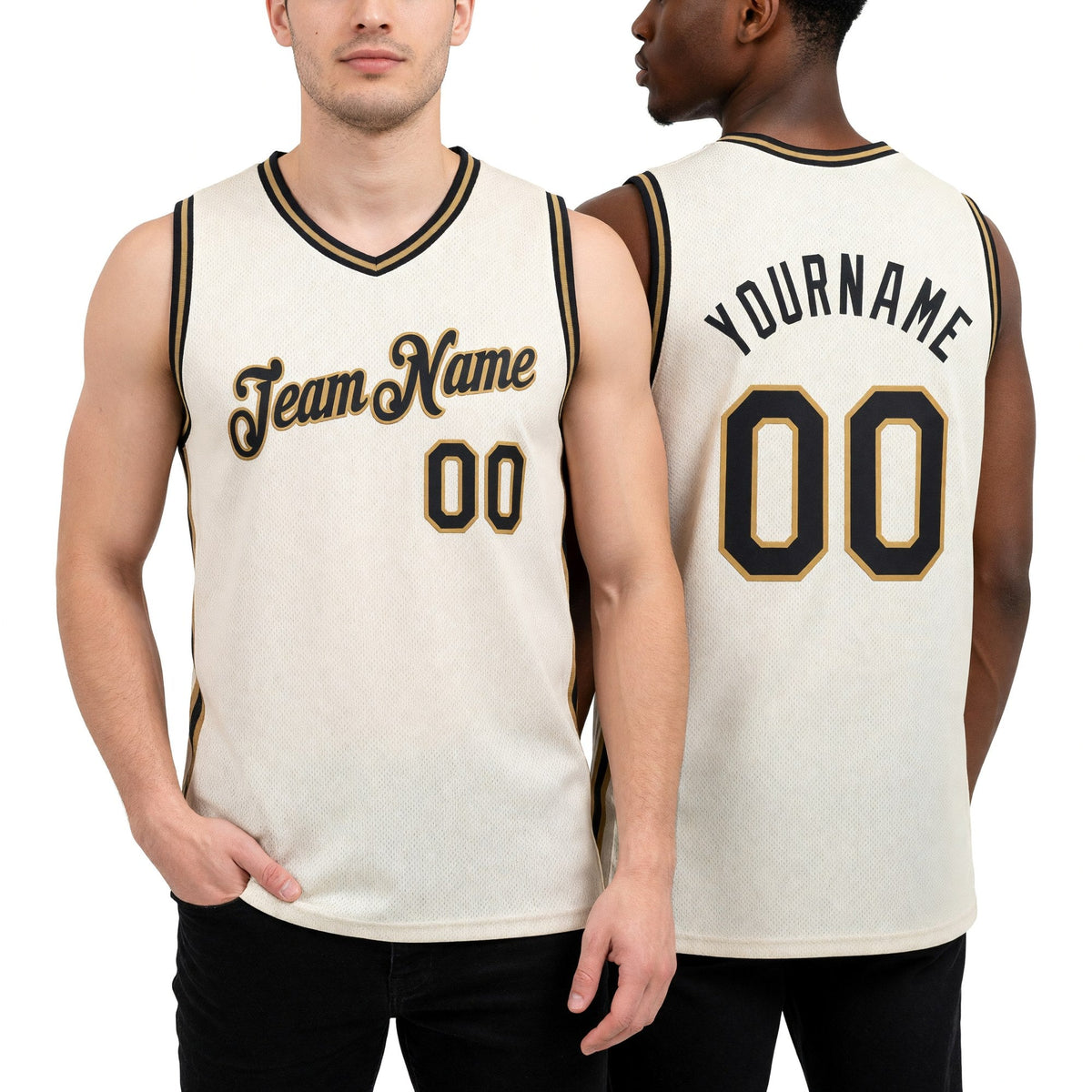 Custom Cream Black-Old Gold Authentic Throwback Basketball Jersey worn front and back
