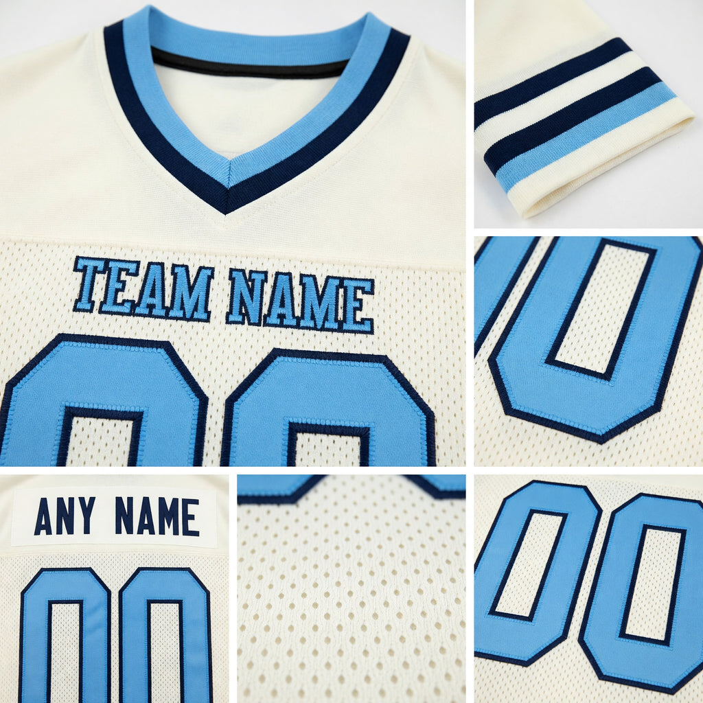 Custom Cream Light Blue-Navy Mesh Authentic Throwback Football Jersey detail