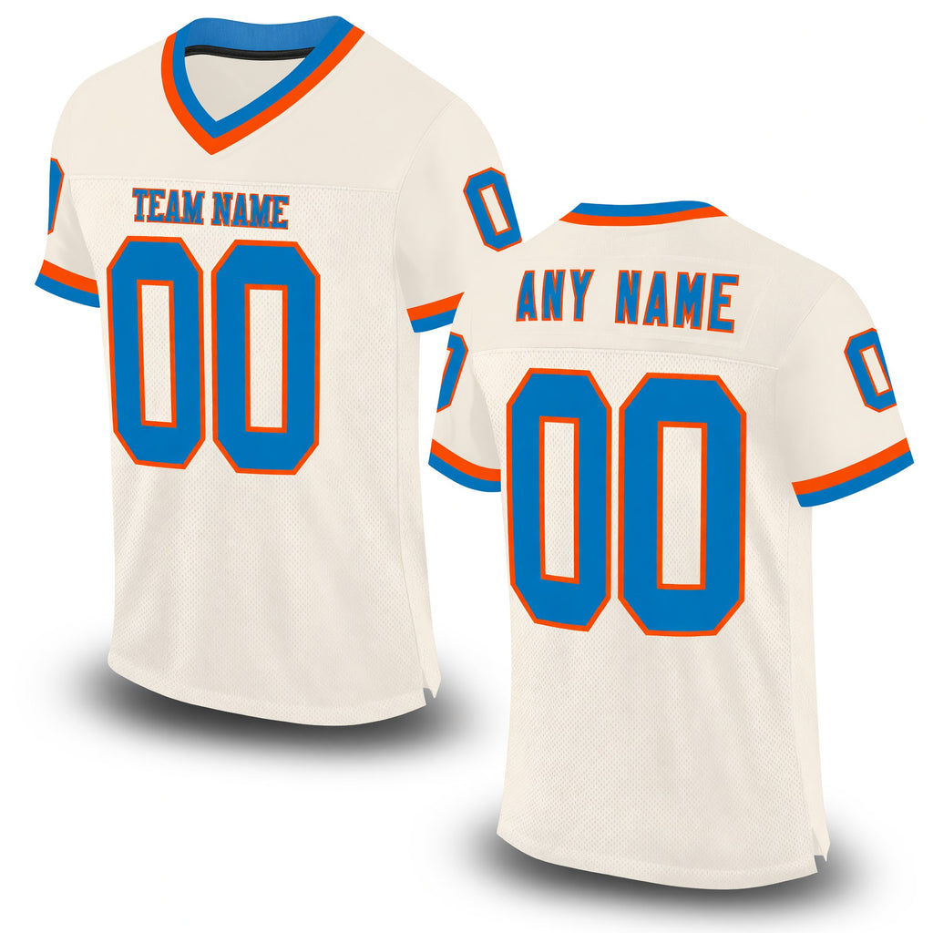 Custom Cream Blue-Orange Mesh Authentic Throwback Football Jersey