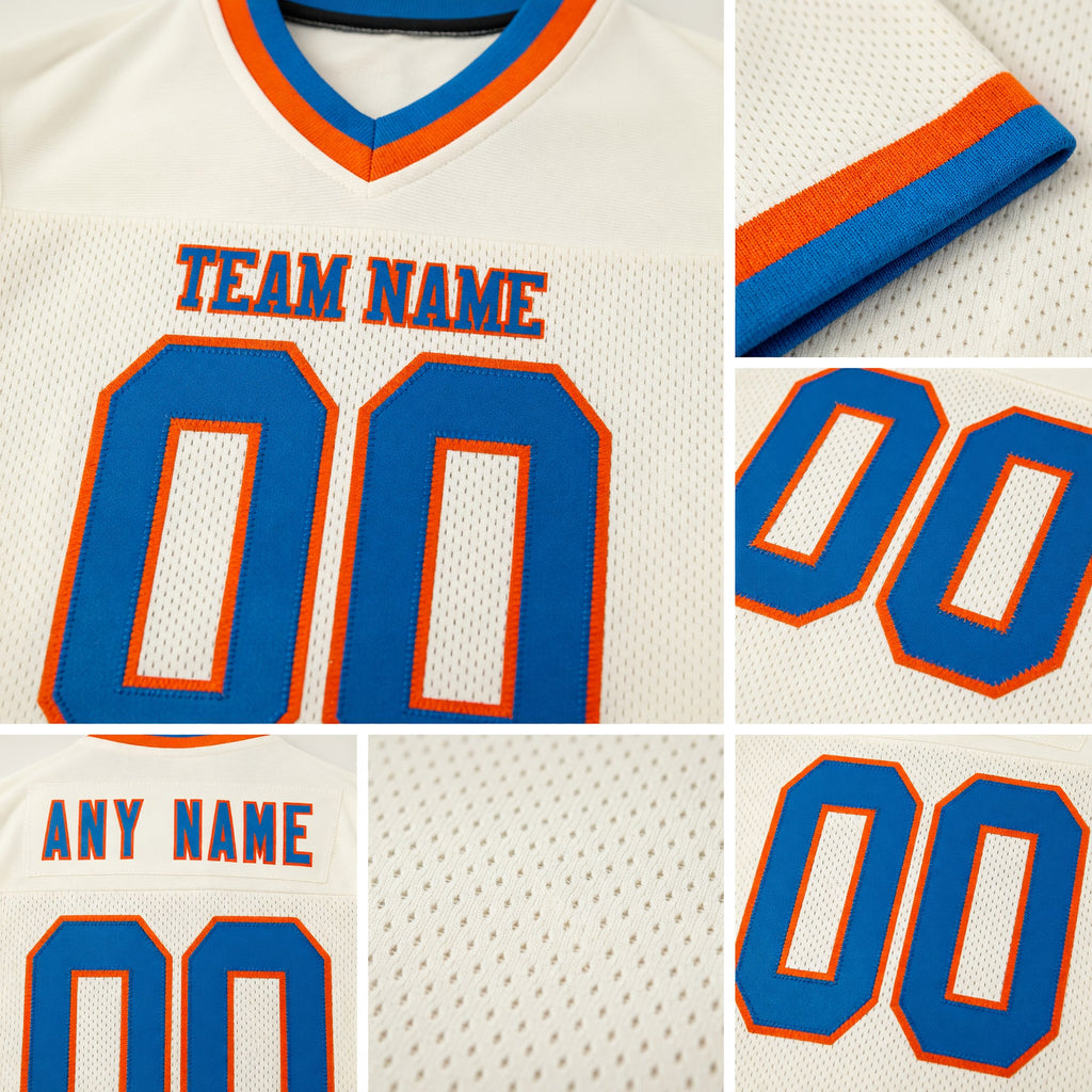 Custom Cream Blue-Orange Mesh Authentic Throwback Football Jersey detail