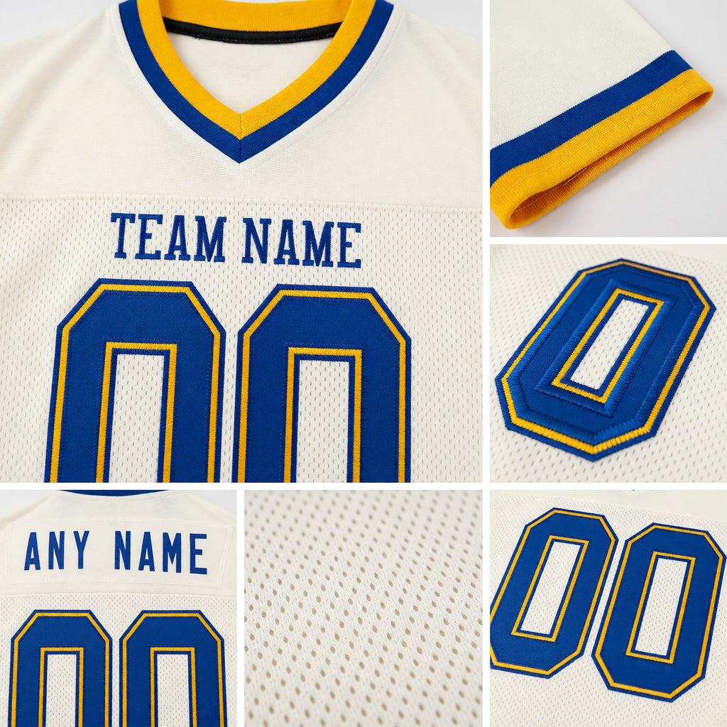 Custom Cream Royal-Gold Mesh Authentic Throwback Football Jersey detail