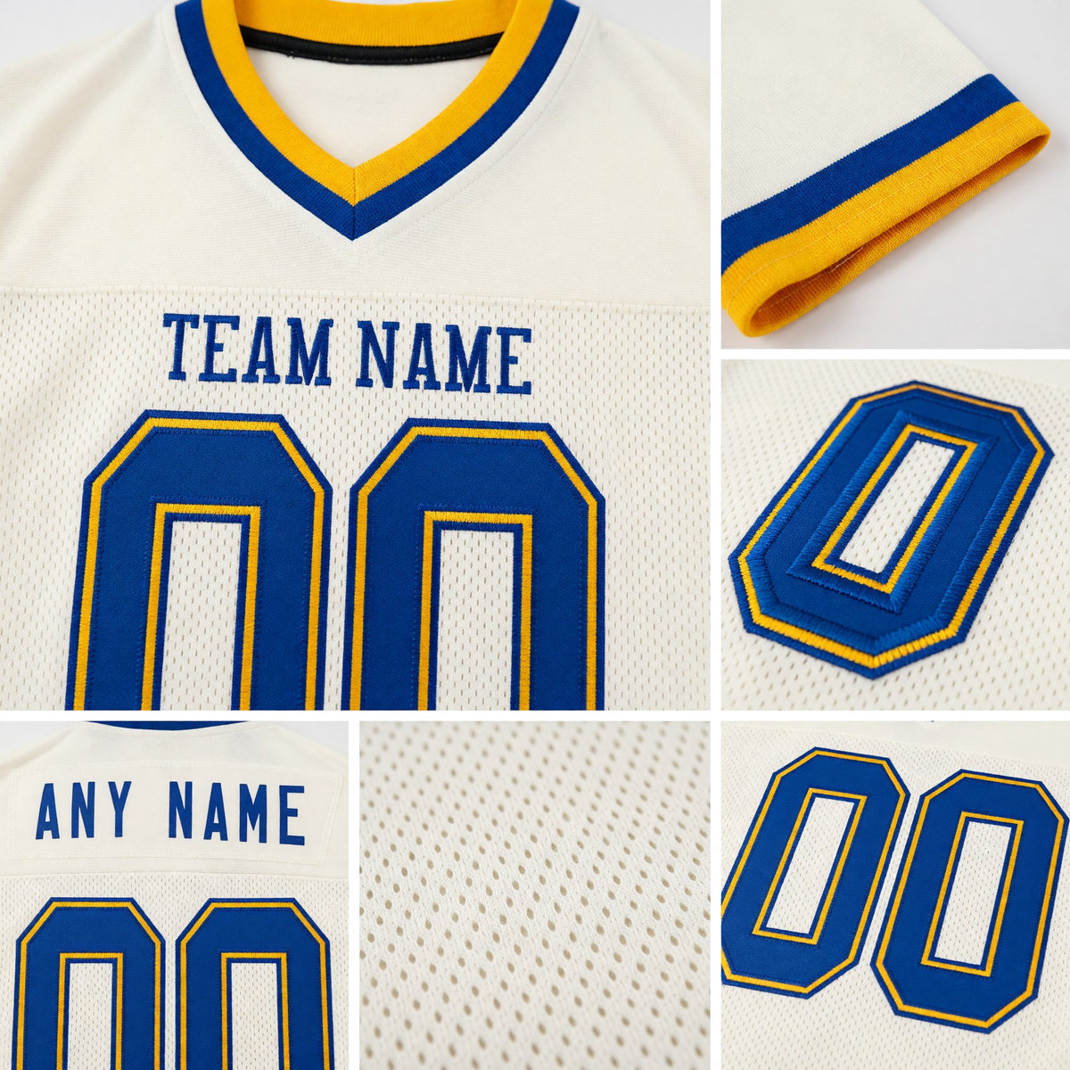 Custom Cream Royal-Gold Mesh Authentic Throwback Football Jersey detail