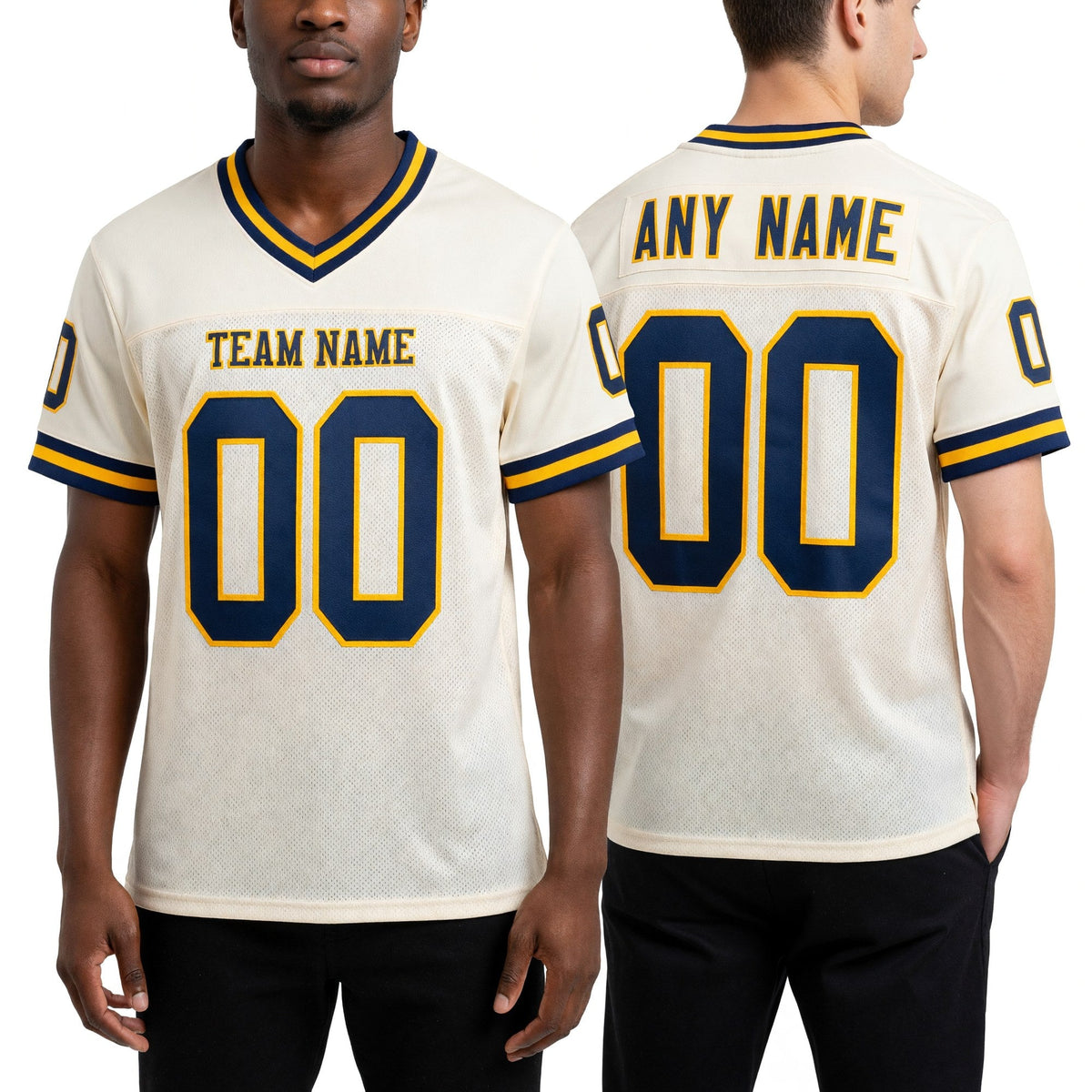 Custom Cream Navy-Gold Mesh Authentic Throwback Football Jersey worn front and back