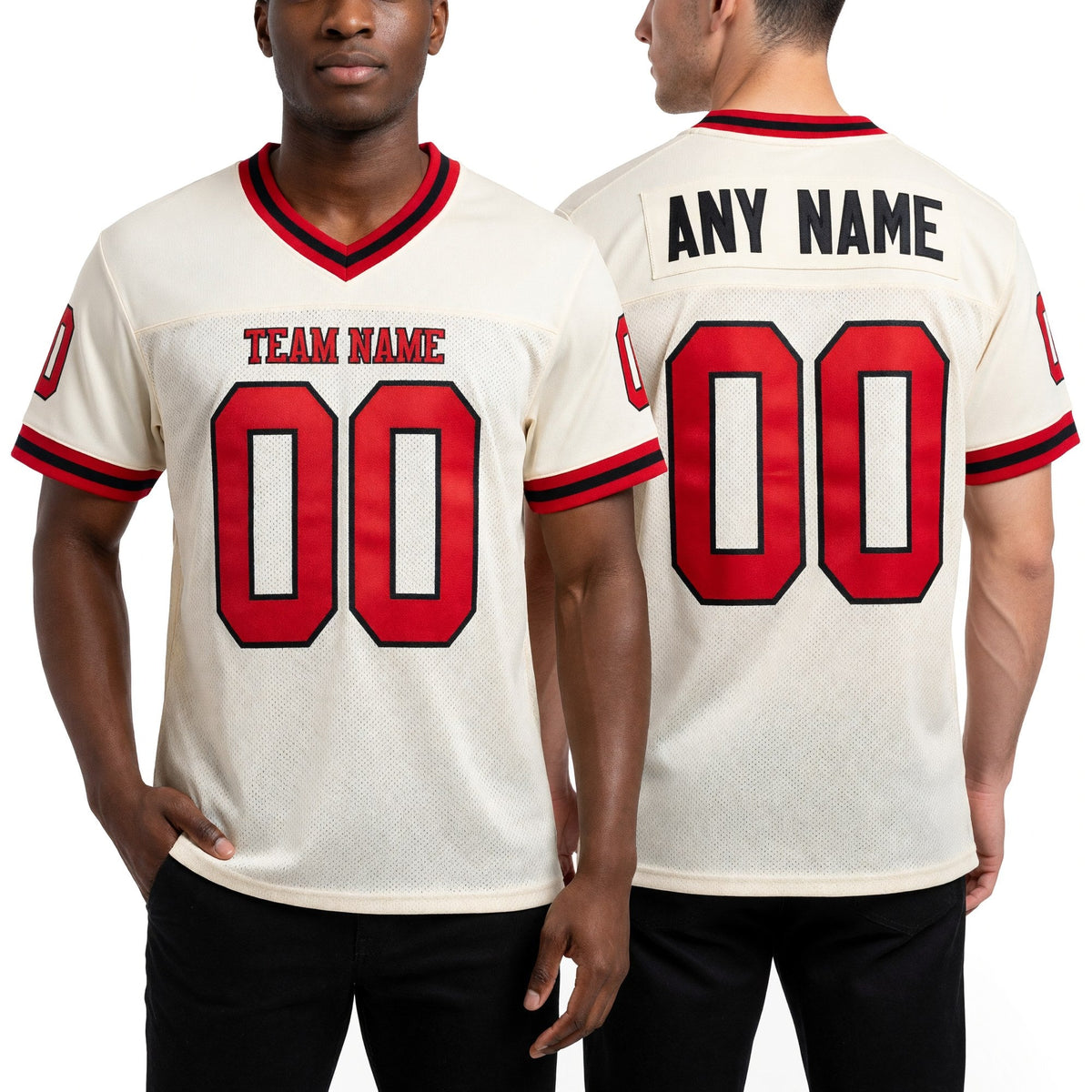 Custom Cream Red-Black Mesh Authentic Throwback Football Jersey worn front and back
