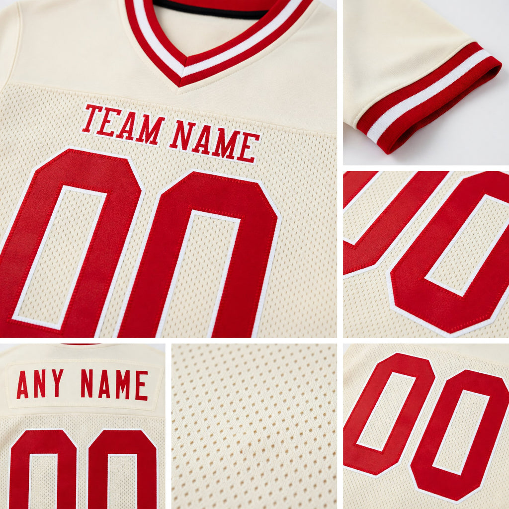 Custom Cream Red-White Mesh Authentic Throwback Football Jersey detail