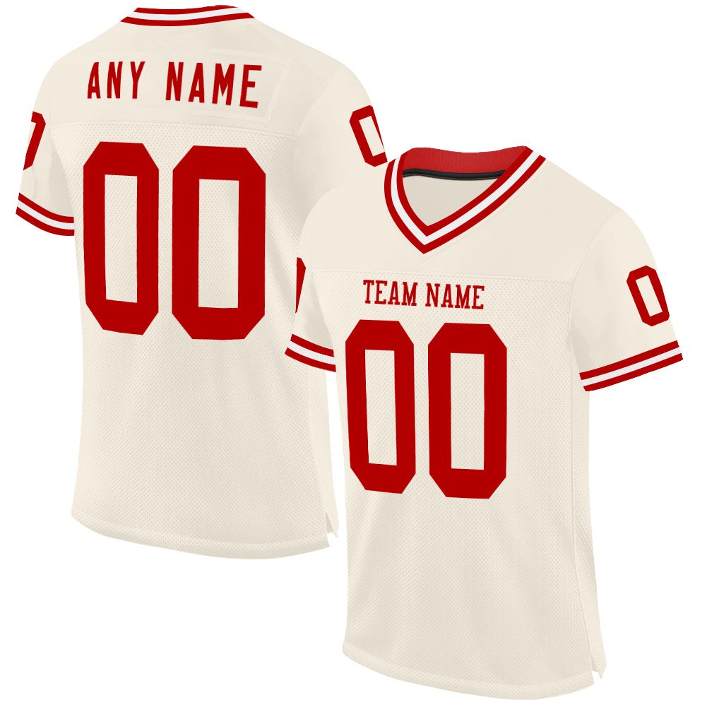 Custom Cream Red-White Mesh Authentic Throwback Football Jersey photo 1