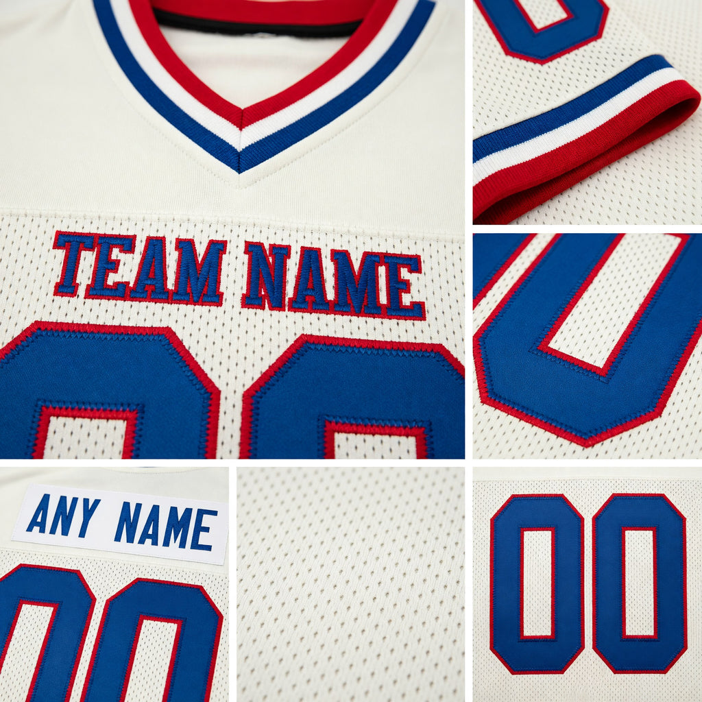 Custom Cream Royal Red-White Mesh Authentic Throwback Football Jersey detail