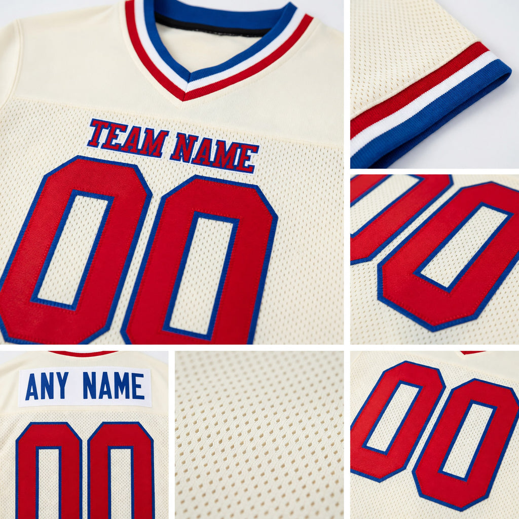 Custom Cream Red Royal-White Mesh Authentic Throwback Football Jersey detail