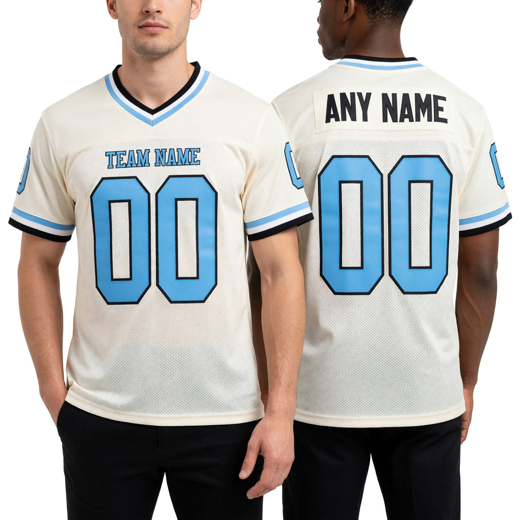 Custom Cream Light Blue Black-White Mesh Authentic Throwback Football Jersey worn front and back