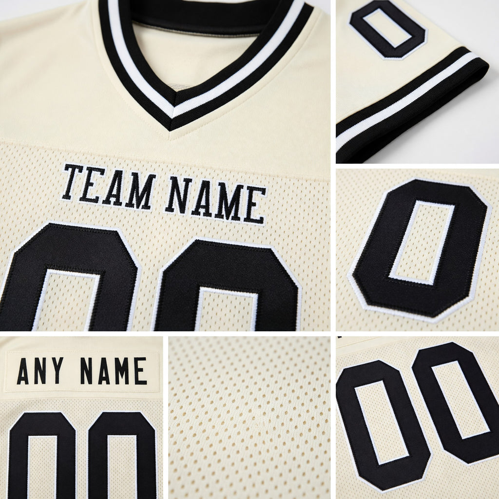 Custom Cream Black-White Mesh Authentic Throwback Football Jersey detail