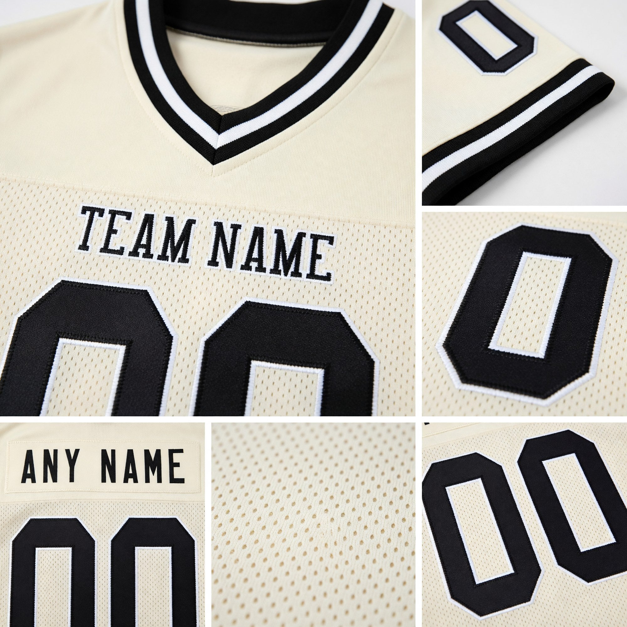 Custom Cream Black-White Mesh Authentic Throwback Football Jersey detail