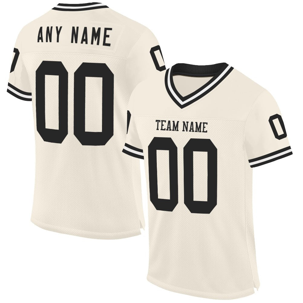 Custom Cream Black-White Mesh Authentic Throwback Football Jersey photo 1