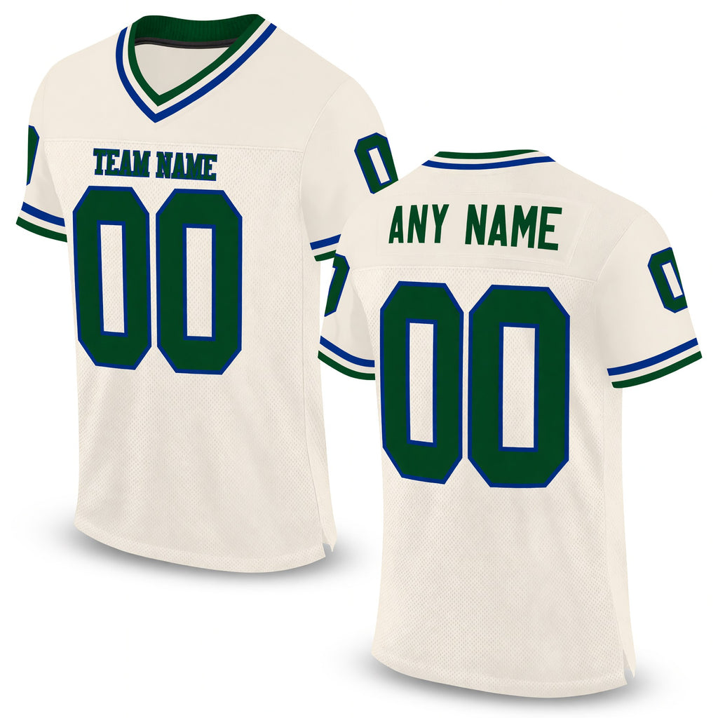 Custom Cream Green-Royal Mesh Authentic Throwback Football Jersey