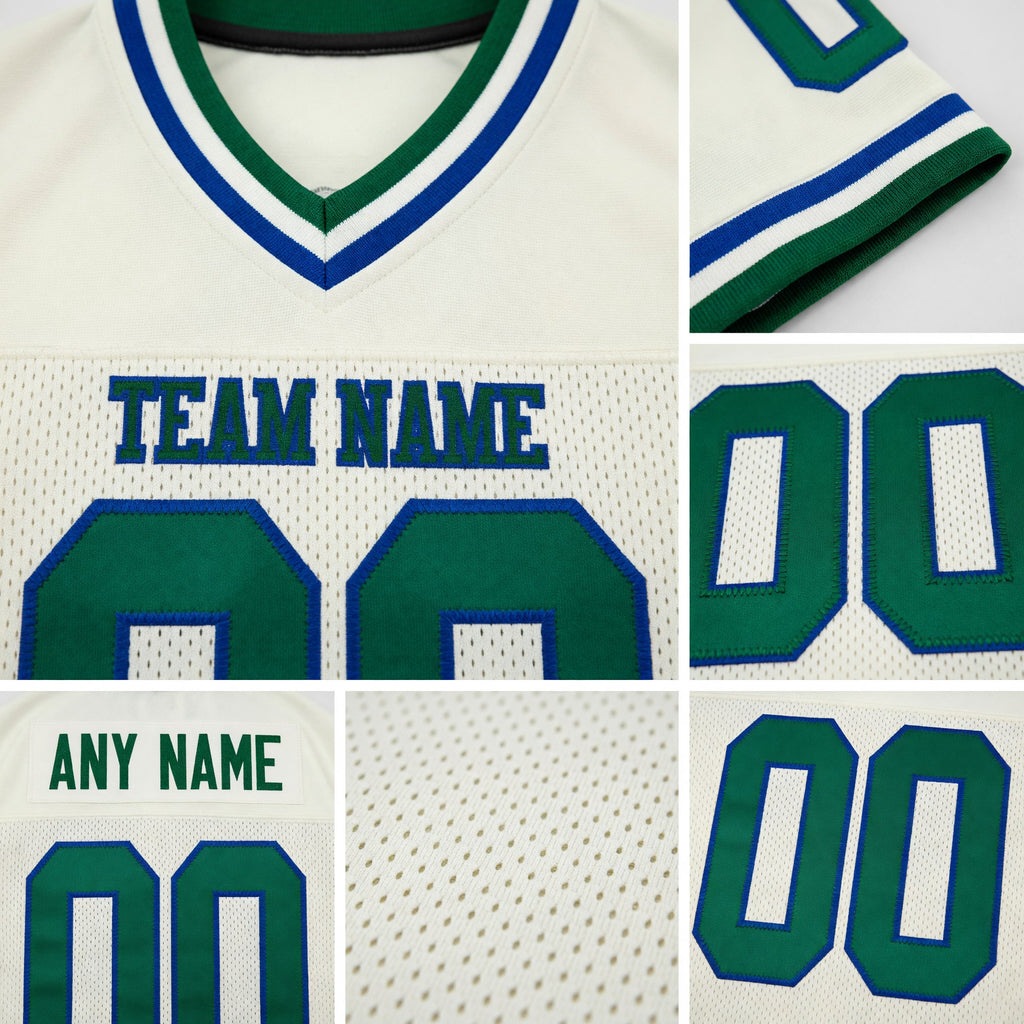 Custom Cream Green-Royal Mesh Authentic Throwback Football Jersey detail