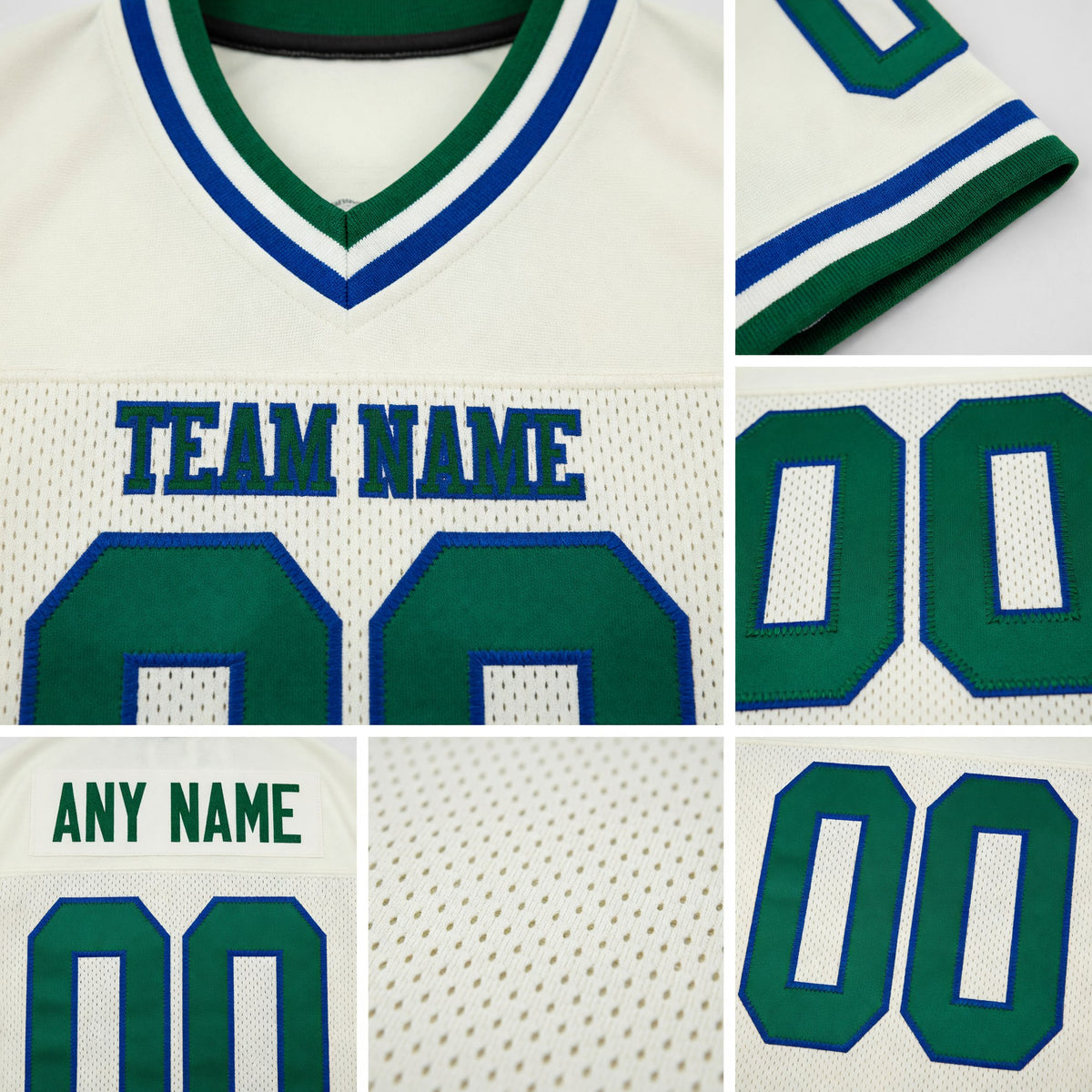 Custom Cream Green-Royal Mesh Authentic Throwback Football Jersey detail
