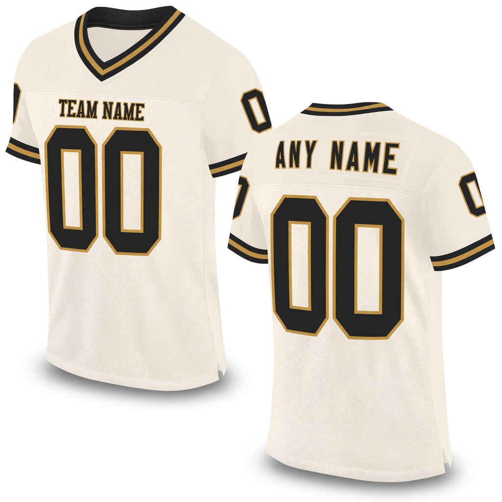 Custom Cream Black-Old Gold Mesh Authentic Throwback Football Jersey