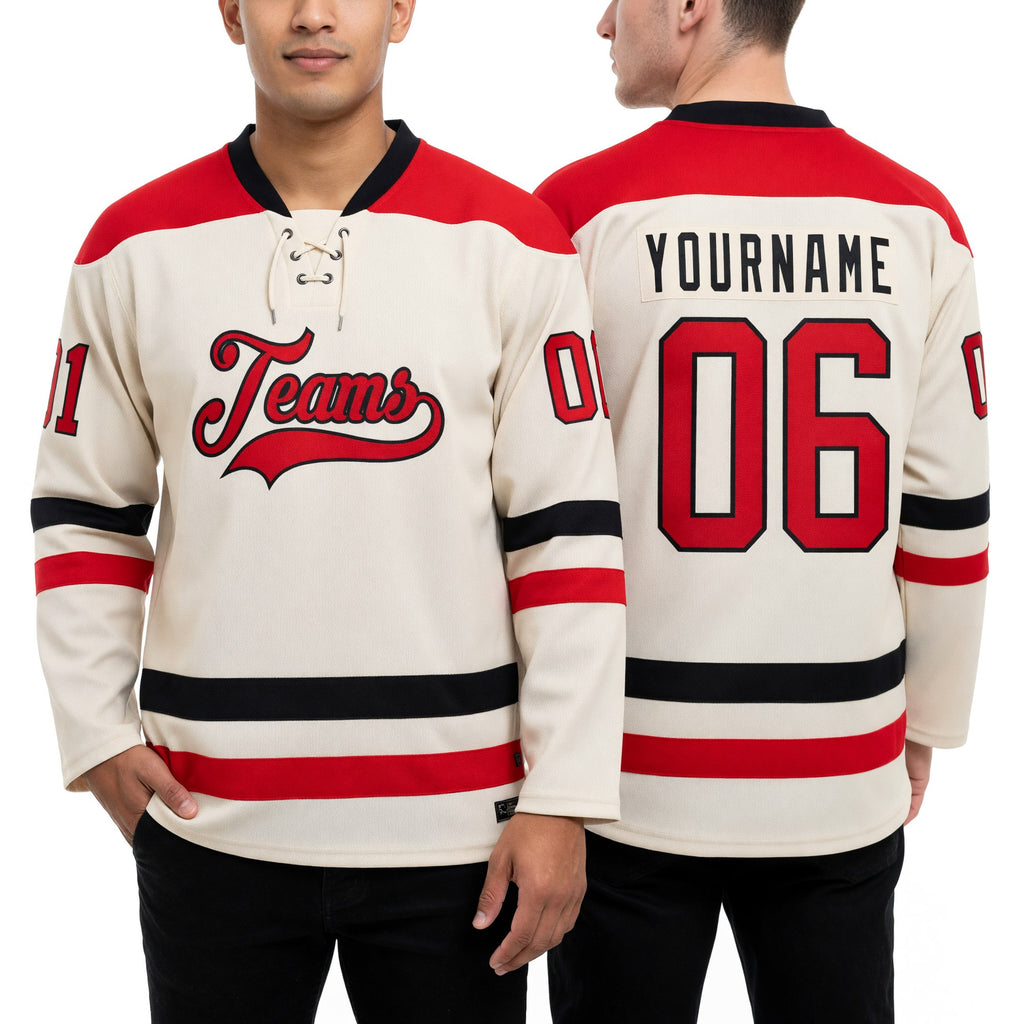 Custom Cream Red-Black Hockey Lace Neck Jersey worn front and back