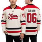 Custom Cream Red-Black Hockey Lace Neck Jersey worn front and back
