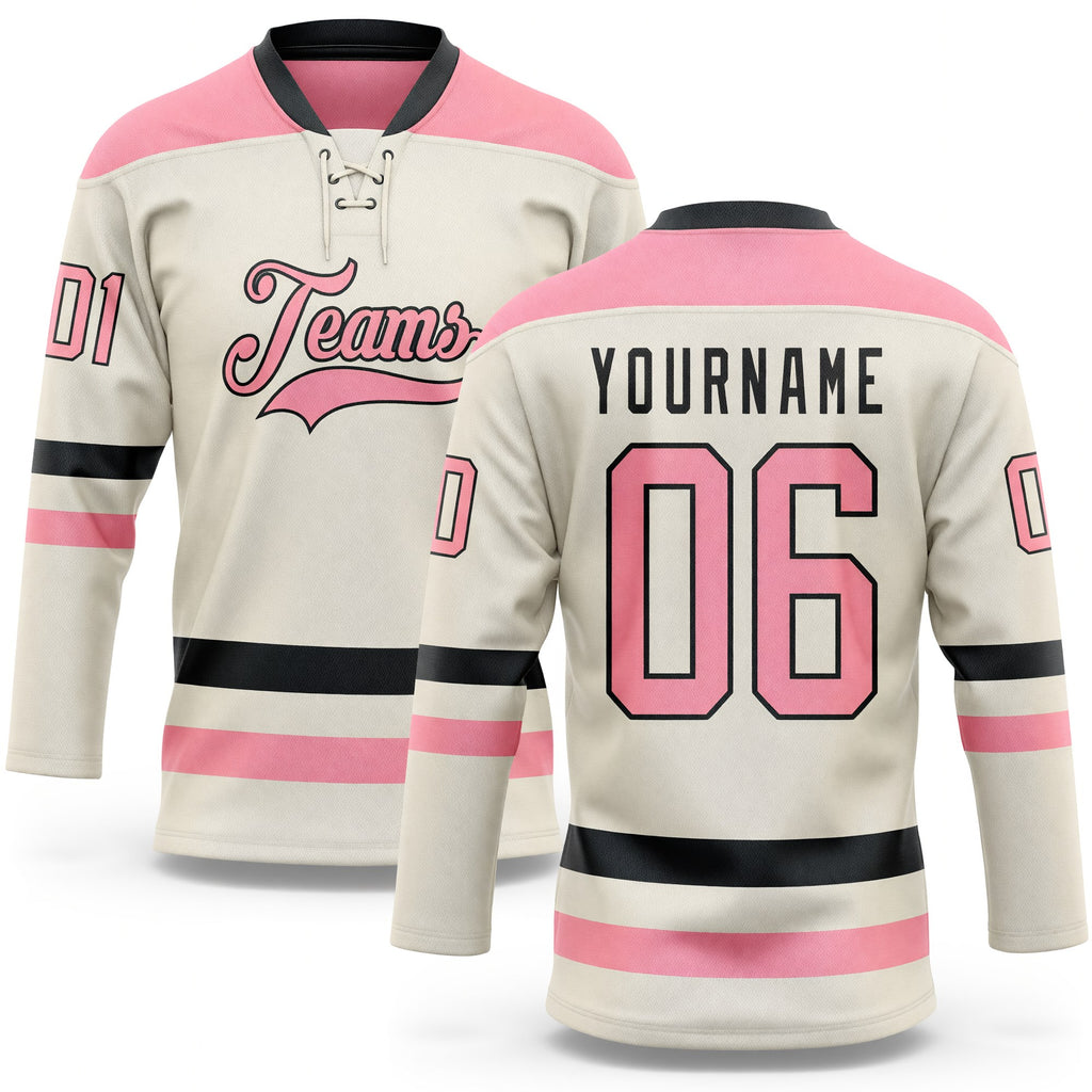 Custom Cream Medium Pink-Black Hockey Lace Neck Jersey