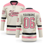 Custom Cream Medium Pink-Black Hockey Lace Neck Jersey