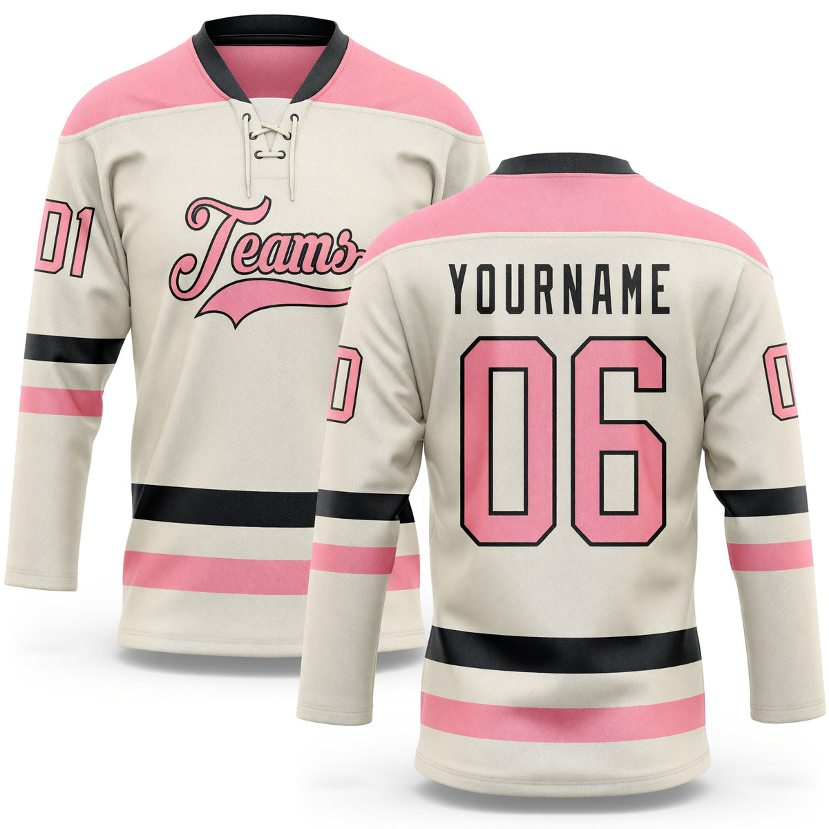 Custom Cream Medium Pink-Black Hockey Lace Neck Jersey