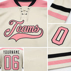Custom Cream Medium Pink-Black Hockey Lace Neck Jersey detail