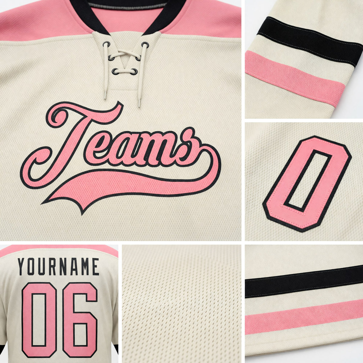 Custom Cream Medium Pink-Black Hockey Lace Neck Jersey detail