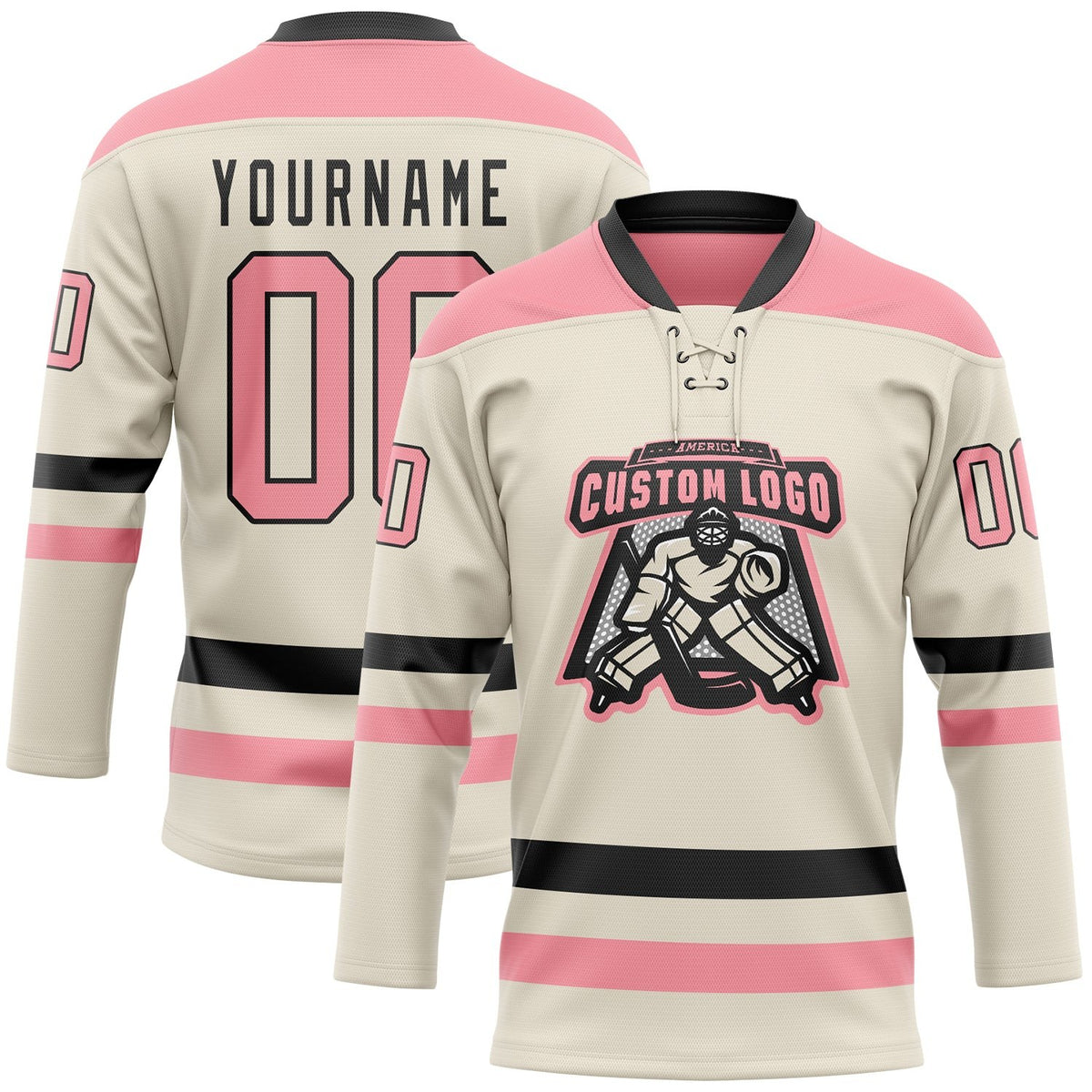 Custom Cream Medium Pink-Black Hockey Lace Neck Jersey photo 2