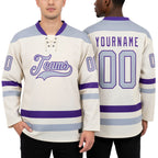 Custom Cream Gray-Purple Hockey Lace Neck Jersey worn front and back