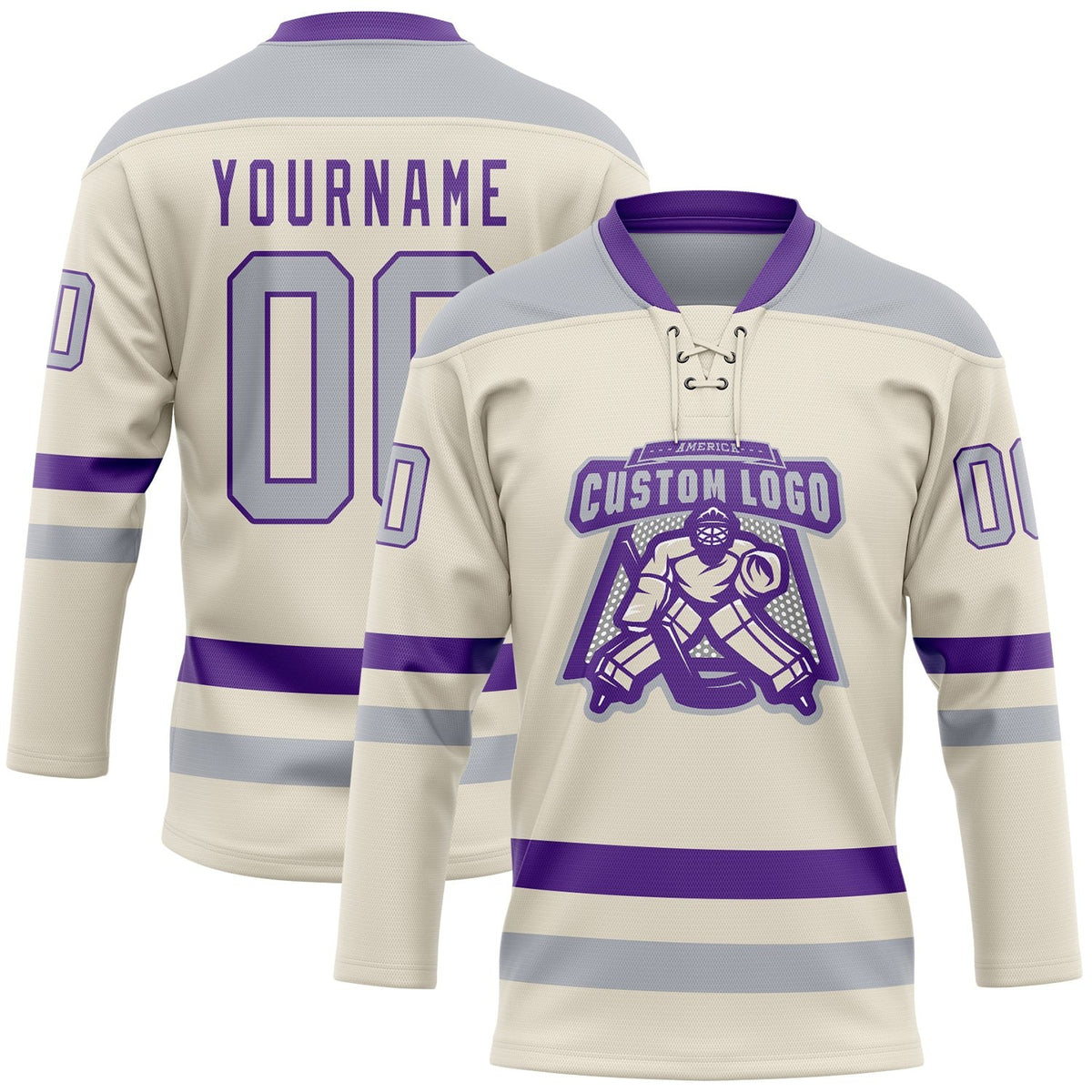 Custom Cream Gray-Purple Hockey Lace Neck Jersey photo 2