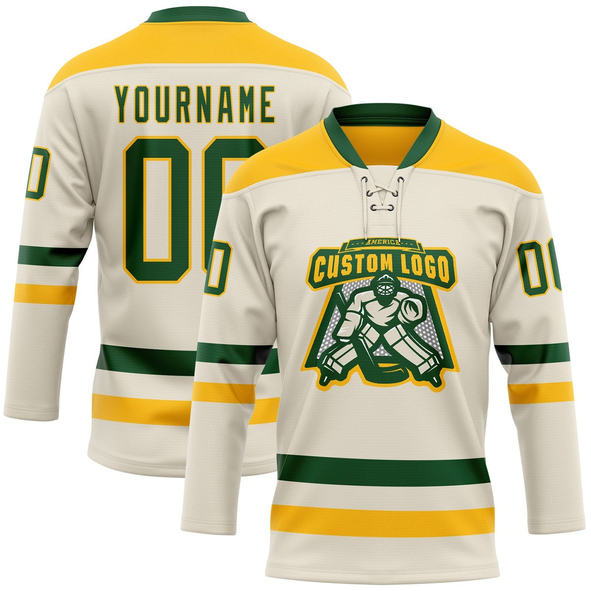 Custom Cream Green-Gold Hockey Lace Neck Jersey photo 2