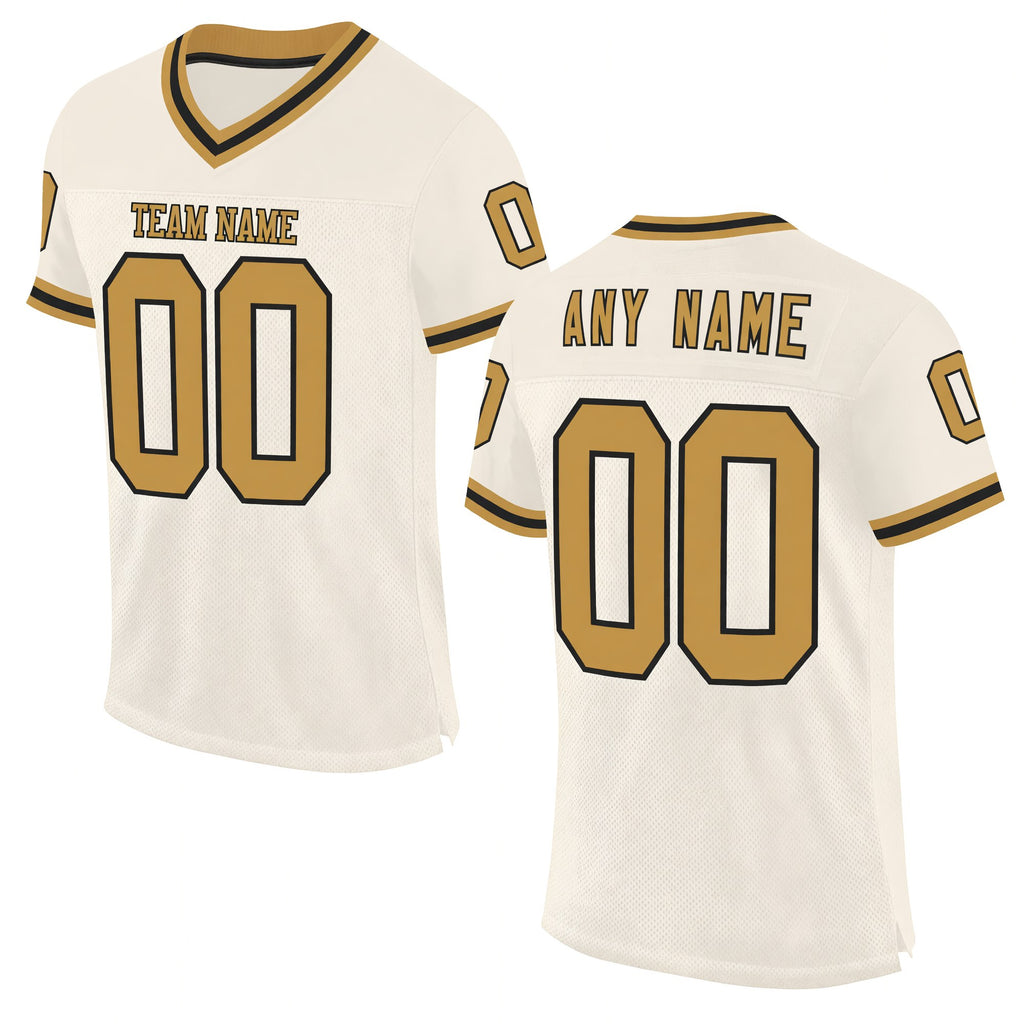 Custom Cream Old Gold-Black Mesh Authentic Throwback Football Jersey