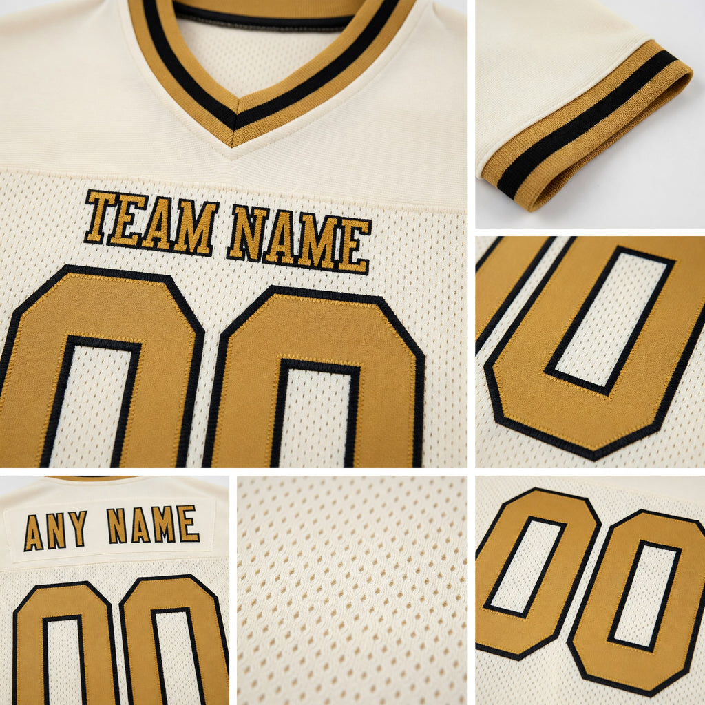 Custom Cream Old Gold-Black Mesh Authentic Throwback Football Jersey detail